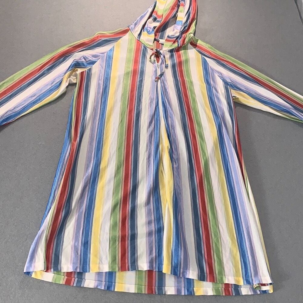 Vintage Rainbow Striped Nylon PJs Robe With Hood Women’s Size Large
